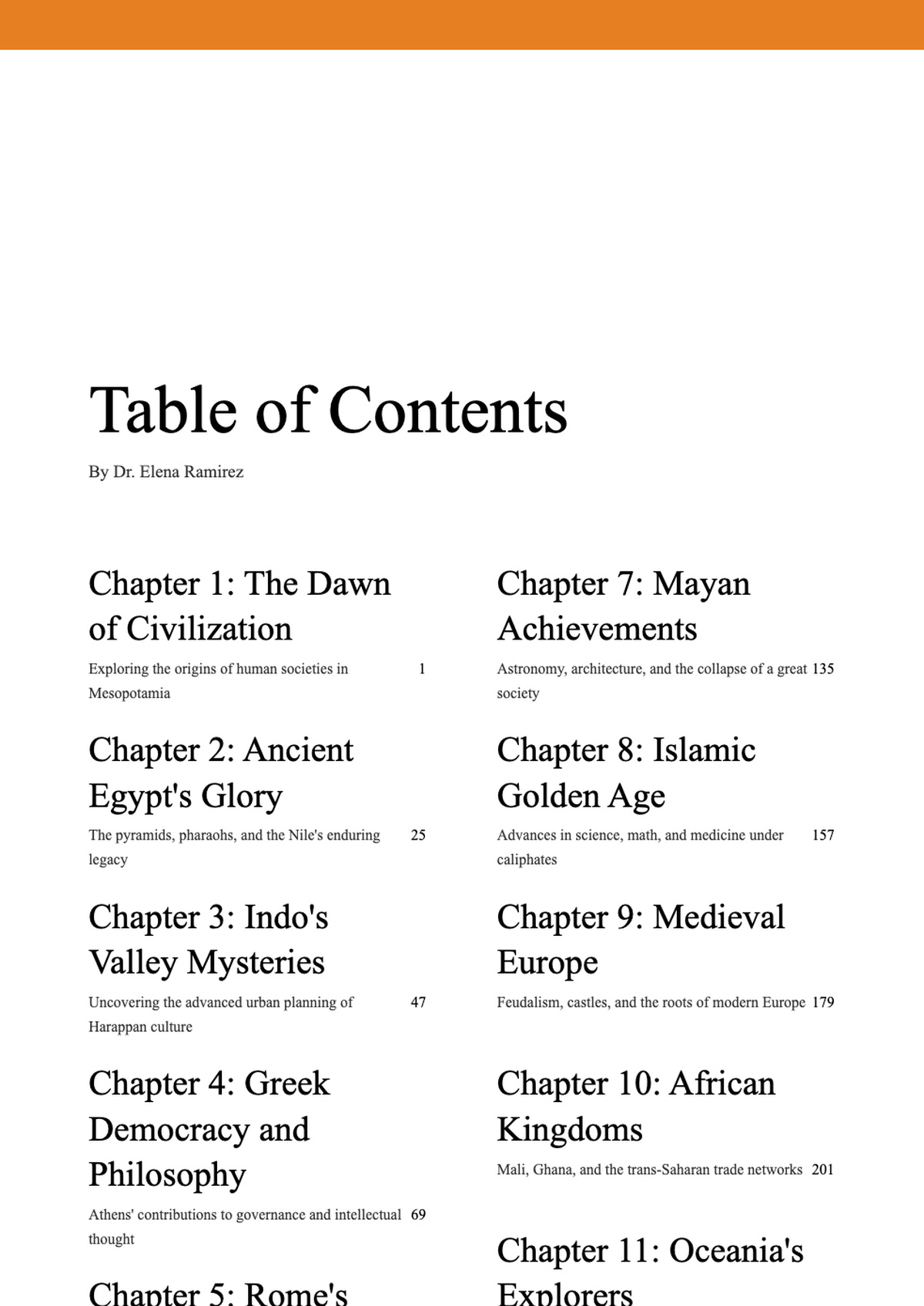 Book title page with orange header and chapter list template_variant_2